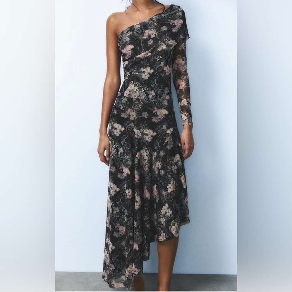 ZARA Floral One-Shoulder Asymmetric Mesh Midi Dress – NWT size Medium